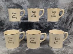IVORY GOLD HOMER LAUGHLIN TOM & JERRY SET LOT OF 6 CUPS MUGS CHRISTMAS VINTAGE