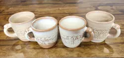 SET OF 4 VINTAGE FRANKOMA POTTERY COFFEE MUGS 7C MAYAN AZTEC DESERT GOLD CUPS