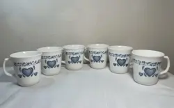 VINTAGE CORNING WARE CORELLE WHITE/SPONGE BLUE HEART COFFEE MUG CUPS SET OF 6