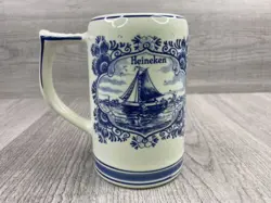 VINTAGE HEINEKEN HAND PAINTED SAILBOAT DELFT BLUE STEIN BEER MUG HOLLAND CRAZING