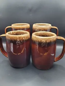 SET OF 4 VINTAGE HULL USA BROWN DRIP GLAZE BEER STEIN COFFEE MUGS
