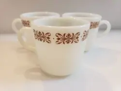 3 PYREX COFFEE MUGS/CUPS MILK GLASS COPPER FILIGREE BROWN WHITE VINTAGE