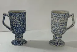 BTC VINTAGE BLUE SPONGEWARE FOOTED PEDESTAL MUG IRISH COFFEE CUP MADE IN USA, 2