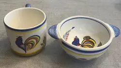 VINTAGE KERALUC QUIMPER SIGNED HAND PAINTED MUG AND LUG HANDLE PORRINGER FRANCE