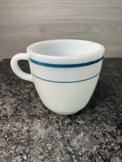 VTG ANCHOR HOCKING ANCHORWARE #910 TEAL BLUE STRIPE MILK GLASS COFFEE MUG CUP