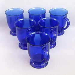 VINTAGE ANCHOR HOCKING COBALT BLUE GLASS FOOTED COFFEE MUGS USA SET OF 6