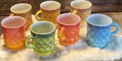 7 VINTAGE FIRE KING ANCHOR HOCKING BLUE, ORANGE, YELLOW & GREEN COFFEE MUGS