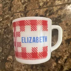 VINTAGE FEDERAL MILK GLASS HEAT PROOF COFFEE MUG GINGHAM PLAID ELIZABETH