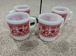 4 VINTAGE ANCHOR HOCKING FIRE KING MILK GLASS RED APPLE & FLORAL COFFEE MUG CUP