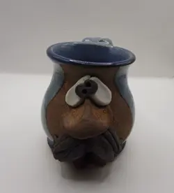 VTG SIGNED UGLY FUNNY 3D FACE MUG MMS MAHON MADE STONEWARE POTTERY MUSTACHE 1980
