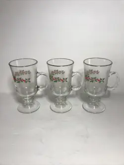 VINTAGE HOLLY BERRY CHRISTMAS GLASS IRISH COFFEE CUP/MUG 8 OZ GOLD RIM SET OF 3