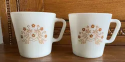 VINTAGE PYREX CORELLE CORNING BROWN FLOWERS SUMMER IMPRESSIONS MUGS X 2