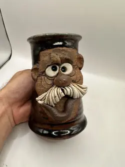 VINTAGE UGLY FUNNY 3D FACE MUG, MMS MAHON STONEWARE POTTERY MUSTACHE MAN