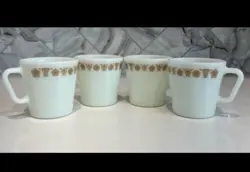 VINTAGE PYREX COFFEE CUPS MUGS BUTTERFLY GOLD D HANDLE SET OF 4