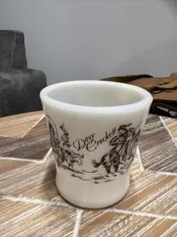 VINTAGE DAVY CROCKETT BROWN/WHITE FIRE KING OVEN WARE FLARE MUG MILK GLASS