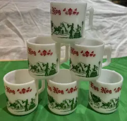 VTG 1950S HAZEL ATLAS MILK GLASS CHRISTMAS VICTORIAN EGG NOG CUP MUGS SET 6