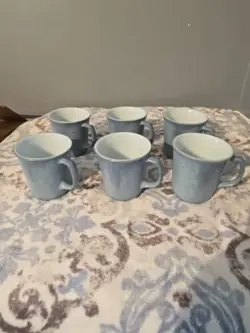 SET OF 6 VINTAGE PYREX SLATE BLUE COFFEE MUG CUPS MILK GLASS 8OZ D HANDLED 1970S