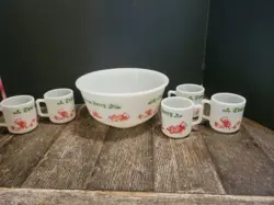 VINTAGE HAZEL ATLAS TOM AND JERRY PUNCH BOWL SET AND 5 MUGS CHRISTMAS EUC