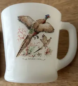 VINTAGE FIRE KING GAME BIRD RING NECKED PHEASANT MILK GLASS COFFEE MUG CUP, USA