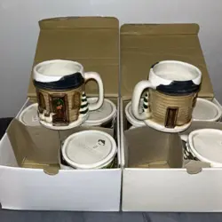 VINTAGE OTAGIRI HAND CRAFTED CERAMIC WINTER/CHRISTMAS GEESE CUPS/MUGS, SET OF 4