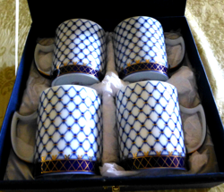 4 VINTAGE RUSSIAN ST PETERSBURG COBALT 14K GOLD NET COFFEE TEA MUG CUP WITH  BOX