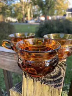 VINTAGE INDIANA GLASS KINGS CROWN AMBER SNACK SET TEA CUP ANTIQUE LOT OF THREE