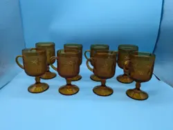 8 VINTAGE TIARA INDIANA AMBER SANDWICH GLASS GOBLET MUGS FOOTED HANDLE CARNIVAL