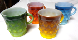 FOUR VINTAGE FIRE KING ANCHOR HOCKING KIMBERLY DIAMOND PATTERN COFFEE MUGS