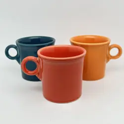 FIESTA WARE HLC USA MUGS 3 COFFEE CUPS VINTAGE RING HANDLES YELLOW ORANGE BLUE