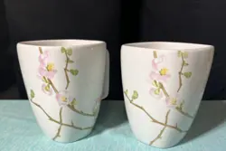 2 ~ VINTAGE CORELLE ULTRA CERAMIC CHERRY BLOSSOM SQUARE RIM THICK COFFEE MUGS