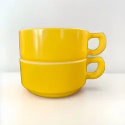 VINTAGE FIRE KING D HANDLE YELLOW STACKABLE SOUP BOWL MILK GLASS (SET OF 2)