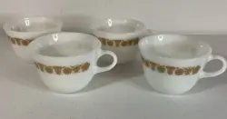 PYREX MILK GLASS TEA COFFEE CUPS LOT OF 4 VINTAGE MUGS BUTTERFLY GOLD C HANDLE