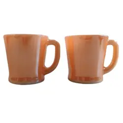 VINTAGE SET OF 2 ANCHOR HOCKING FIRE KING MUG COFFEE CUP PEACH LUSTRE D HANDLE