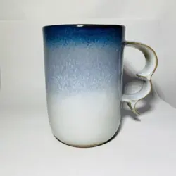 VINTAGE PETER POTS STONEWARE UNIQUE DOUBLE RING HANDLE COFFEE MUG BLUE 16 OZ.