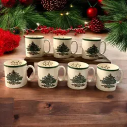 VINTAGE SPODE CHRISTMAS TREE COFFEE MUGS SET OF 7 MADE IN ENGLAND S3324