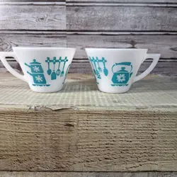2 HAZEL ATLAS KITCHEN AIDS TURQUOISE TEA COFFEE MUG VINTAGE RETRO MILK GLASS