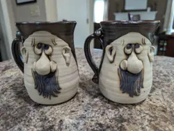 1970S VINTAGE PETER PETRIE 3D FUNNY UGLY FACE MUSTACHE STONEWARE MUGS, POTTERY