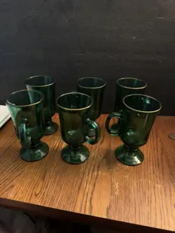 6 VINTAGE LIBBEY JUNIPER GREEN IRISH COFFEE PEDESTAL GLASS MUGS WITH GOLD RIMS