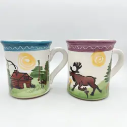 2 HANDMADE CARIBOU COFFEE MUG CUP MOOSE CABIN LODGE WOODS  RARE VINTAGE 1997