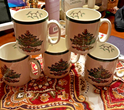 VINTAGE SPODE CHRISTMAS TREE COFFEE MUGS SET OF 5  MADE IN ENGLAND S3324