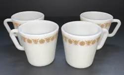 VINTAGE PYREX BUTTERFLY GOLD MUGS SET OF 4 D HANDLE COFFEE CUPS 1410