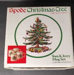 3 VINTAGE SPODE CHRISTMAS TREE TOM & JERRY MUGS  MADE IN ENGLAND ORIGINAL BOX
