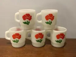 SET OF 5 VINTAGE FIRE KING ANCHOR HOCKING RED FOXY FLOWER MUGS