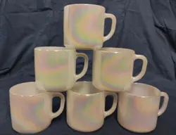 SET OF 6 VINTAGE COFFEE MUGS FEDERAL GLASS CUPS MOON GLOW IRIDESCENT D HANDLE