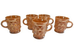 VINTAGE MCM FIRE KING PEACH LUSTER DIAMOND KIMBERLY MUGS SET OF 5 ANCHOR HOCKING
