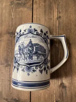 VINTAGE HEINEKEN HAND PAINTED DELFT BLUE STEIN BEER MUG MADE IN HOLLAND
