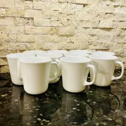 VINTAGE CORNING WARE WINTER WHITE COFFEE CUPS MUGS MADE IN USA SET OF 10