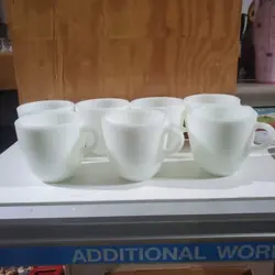 LOT OF 7 VINTAGE PYREX WHITE MILK GLASS COFFEE MUGS WITH HANDLES