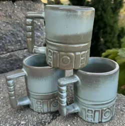 3 VINTAGE FRANKOMA POTTERY C4 COFFEE CUP PRAIRIE GREEN / BLUE AZTEC MUGS