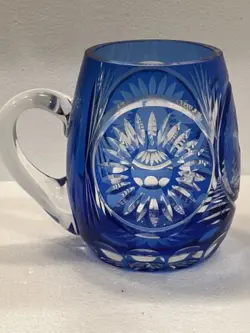 VINTAGE COBALT BLUE CUT TO CLEAR CRYSTAL MUG - DEER SCENE